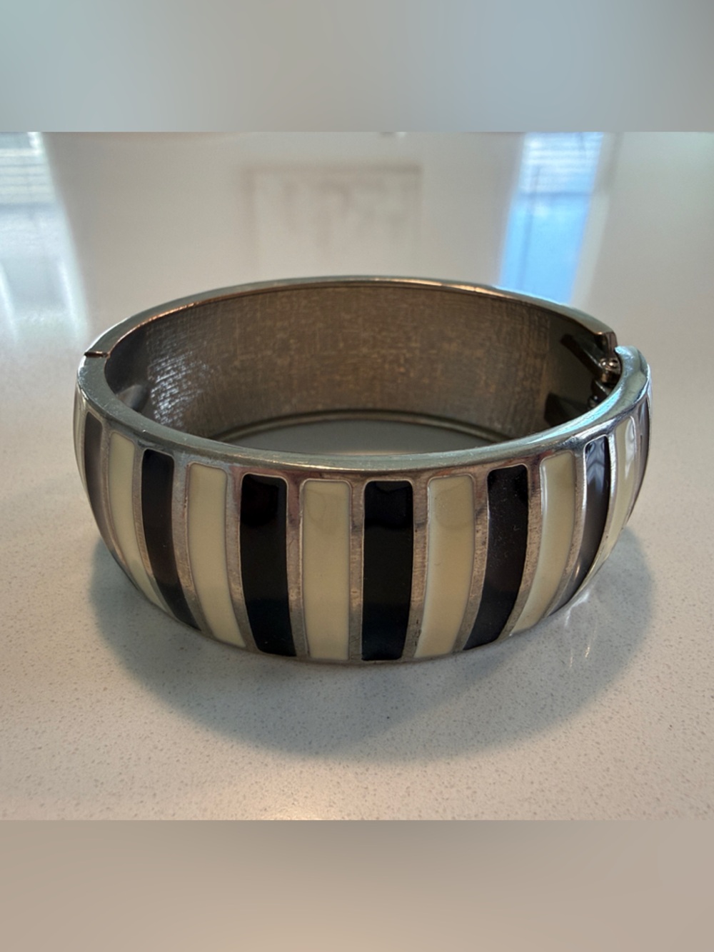 Striped Enamel Hinged Bangle Bracelet in Black and Cream